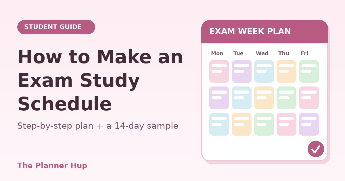 Exam study schedule guide cover showing a colourful weekly exam plan with a tick