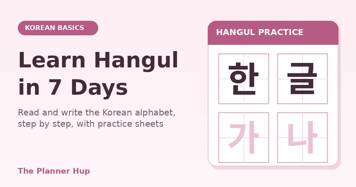 Learn Hangul in 7 days guide cover with Korean letters in tracing boxes