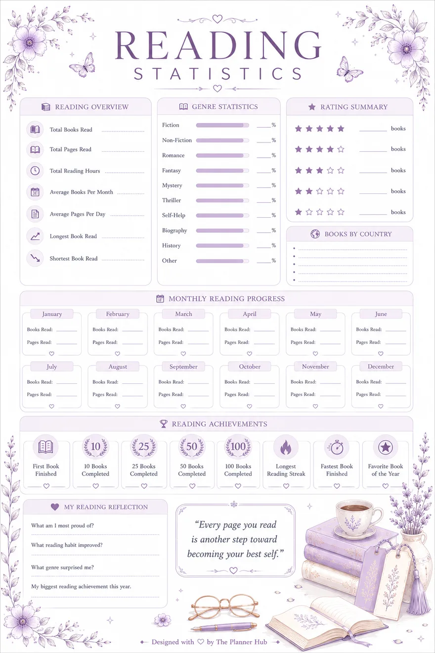 reading journal statistics page with monthly progress and ratings
